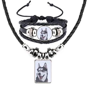 Imagem de Conjunto de joias de pulseira de couro com imagem de Husky Big Dog Snow