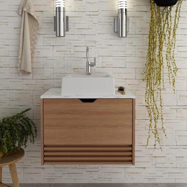 Imagem de Gabinete Banheiro 1 Porta 1 Gaveta 60cm Suspenso Multimóveis CR10091 Amêndoa/Mármore Branco