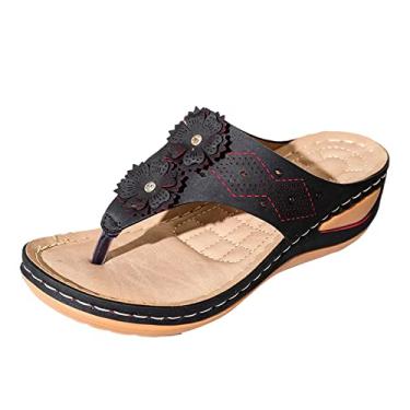 Imagem de Sandálias para mulheres sapatos femininos plataforma anabela sandálias casuais sapatos de praia sola macia leve tanga flor flip (preto, 7)