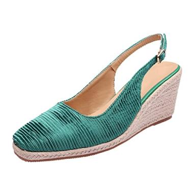 Imagem de Sandálias de plataforma para mulheres verão novas sandálias anabela femininas elegantes alpargatas salto alto palha pescador sapatos de seda alpargatas (verde, 8,5)