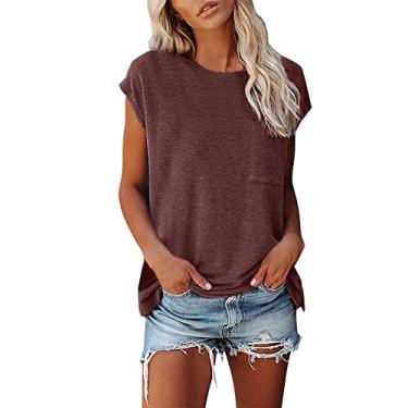 Imagem de Camisetas femininas casuais elegantes com decote em V, camiseta básica de verão com ilhós, com bolsos, nº 02 com uva de bolso, XXG