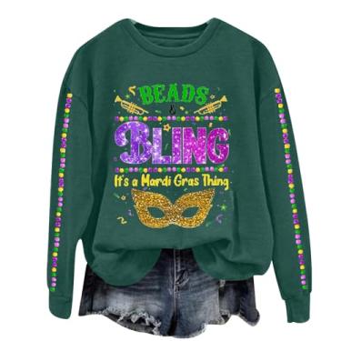Imagem de Moletom feminino Mardi Gras com estampa de bolo King Tops casuais bonitos roupas de festa terça-feira gorda camisa de manga comprida, Miçangas verdes, P