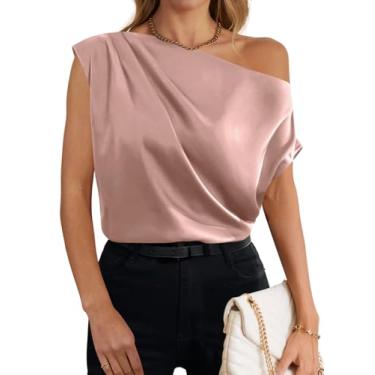 Imagem de MIROL Tops femininos de seda manga cavada 2024 Batwing blusa de cetim com ombros de fora sólidos regatas elegantes camisas túnicas, rosa, P
