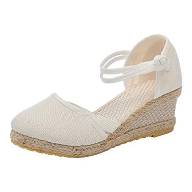 Imagem de Sandálias femininas de espuma de memória anabela respirável faixa elástica biqueira redonda sapatos de praia confortáveis, Branco, 6.5