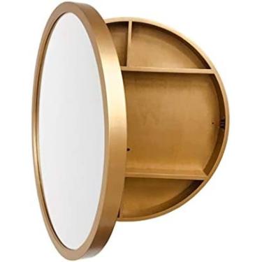 Imagem de Armário de espelho de banheiro de madeira maciça espelho de parede redondo-espelho de vaidade com função de armazenamento,Dourado2,50cm
