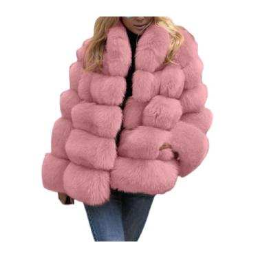 Imagem de Ruixinxue Casaco curto feminino de pele sintética, gola alta, jaqueta de pelúcia, quente, grosso, casaco de inverno, rosa, M