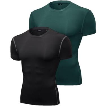 Imagem de SPVISE Camisetas de compressão masculinas de manga curta e secagem fresca para treino atlético, camisetas esportivas de camada básica, camisetas de ginástica, Pacote com 2, preto + verde escuro, GG