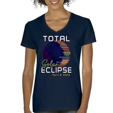 Imagem de Camiseta feminina Total Solar Eclipse Path com decote em V, apenas com óculos de eclipse, 8 de abril de 2024, camiseta de festa astronomia sol e lua, Azul marinho, G