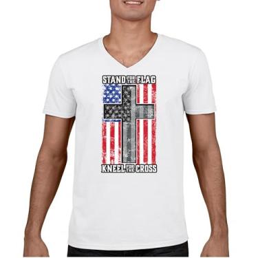 Imagem de Camiseta com gola V Stand for The Flag Kneel for The Cross American Patriotic DD 214 Veteran POW MIA Military Pride Tee, Branco, 3G