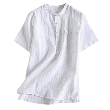 Imagem de LEKODE Camiseta masculina legal fina respirável cor sólida botão algodão camiseta, Branco, M(M)