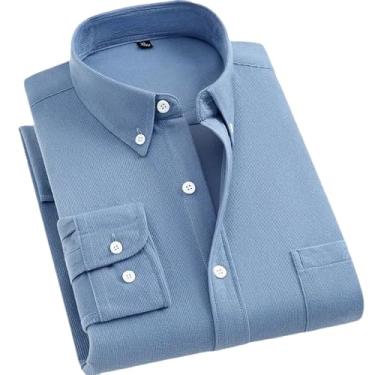 Imagem de WOLONG Camisa masculina de veludo cotelê algodão primavera outono slim fit branco azul preto inteligente camisa casual masculina lisa manga longa, Azul claro, PP