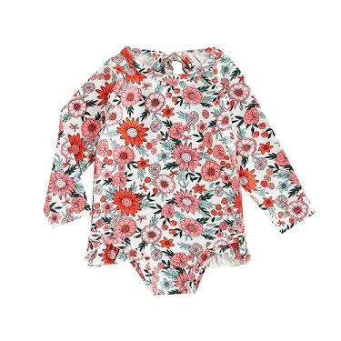 Imagem de Camisetas de proteção para bebês meninas, roupa de banho com estampa floral, manga comprida, roupa de banho pequena floral para meninas, Vermelho, 2-3 Anos