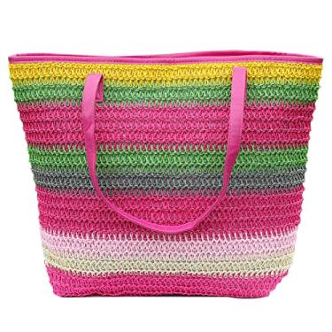 Imagem de JNF Bolsas de praia coloridas grandes para mulheres, bolsa de praia de palha, tecido de vime, crochê, conjunto de bolsas de praia boho, Bolsa de praia de palha rosa choque, 3G