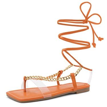 Imagem de Shoe Land Flashh Sandália rasteira feminina com cadarço quadrado aberto tiras cruzadas verão slides, Laranja, 8