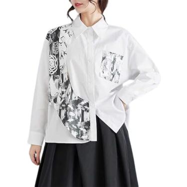 Imagem de Camisa feminina estampada com botões, patchwork, manga comprida, caimento solto, blusa casual floral de verão, Branco, G
