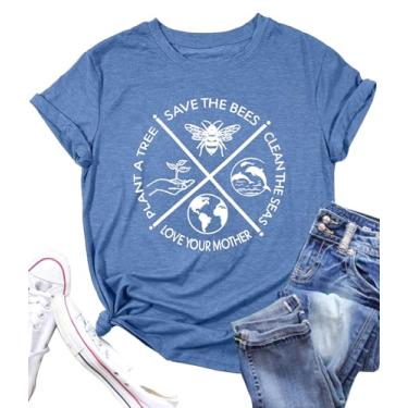 Imagem de PECHAR Camisetas femininas do Dia da Terra: Proteja o meio ambiente Camisetas de manga curta com estampa de abelhas, Azul, P
