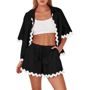 Imagem de Dokuritu Conjuntos de 2 peças para mulheres verão manga curta abotoado top de linho shorts cintura alta roupas de praia férias, Preto, Large