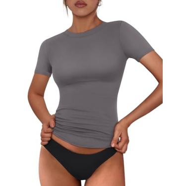Imagem de Trendy Queen Short feminino de verão com manga e gola canoa cropped slim fit stretch camisetas básicas de compressão, Cinza escuro, GG