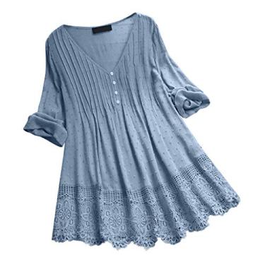 Imagem de Blusa feminina manga 3/4, algodão, linho, renda, ilhós, com botões, gola V, túnica plissada, boho, camisetas, Azul-celeste, 5G