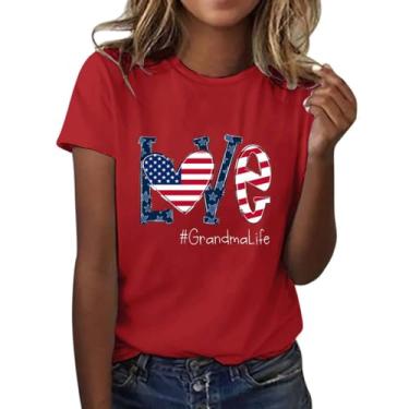 Imagem de Camiseta feminina com estampa do amor da bandeira americana de 4 de julho Dia da Independência Túnica de manga curta solta de gola redonda, Vermelho, P