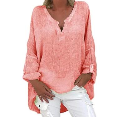 Imagem de 2024 Camisetas femininas de linho de algodão extragrandes com gola em V, blusas lisas para férias confortáveis, camisas soltas de manga comprida, rosa, XXG