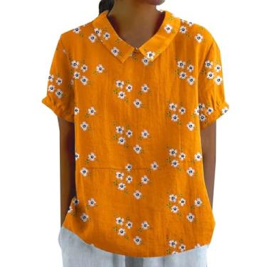 Imagem de Camisa feminina de algodão e linho, manga curta, estampa floral, casual, gola redonda, blusas de verão, Laranja, G