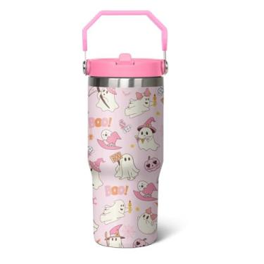 Imagem de qwpmvhsak Copo de 850 g Rosa Boo Flip Tumbler Isolado em Aço Inoxidável, Halloween Gótico Fantasma Viagem Xícara de Café Garrafa de Água, Decoração de Bruxa Gótica, Presentes de Halloween para