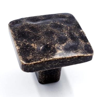 Imagem de Pacote com 6 puxadores quadrados martelados para armário - latão antigo, maçanetas de 3,5 cm, puxadores quadrados fundidos sólidos rústicos para móveis de mesa de cabeceira de cômoda, HT0612ABR30
