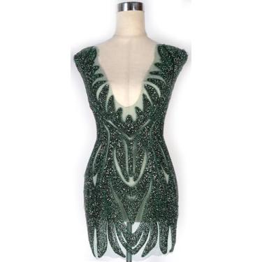 Imagem de Corpete de contas de strass de cor verde para costas ou aplique fround com decote em V para fazer vestido de formatura de noiva