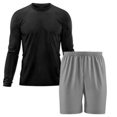 Imagem de Kit Calção Short Futebol Basquete Cinza + Manga Longa Masculina Segunda Pele Dry-Masculino