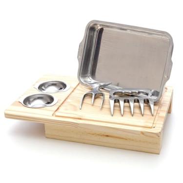 Imagem de KitTábua De Carne Churrasco Madeira Com Gaveta Bandeja Térmica em Inox Inteligente - 2 Potes em Inox Gourmet + Garra de Urso e Tridente