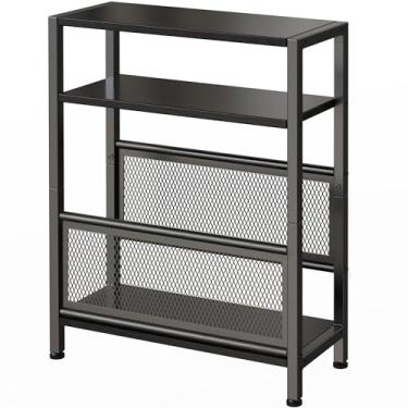 Imagem de Mesa lateral estreita com prateleira de armazenamento, mesa de canto fino de 3 camadas para espaços pequenos, mesa de cabeceira pequena, mesa de cabeceira skinny com suporte de revistas na sala de