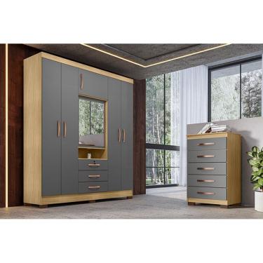Imagem de Kit Guarda Roupa Casal Roma 6 Portas com Espelho e Cômoda 5 Gavetas Aspen I01 - Clique Chique Móveis