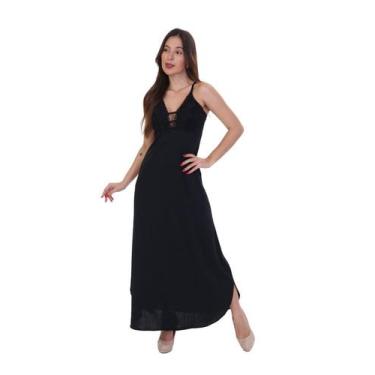 Imagem de Camisola Longa Sem Bojo Fristyle Microfibra Preta Com Renda, M, Preto