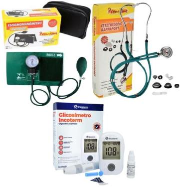 Imagem de Kit com esfigmomanômetro esteto completo verde - Premium