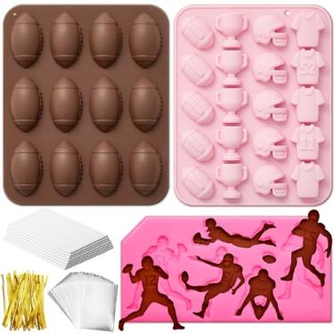 Imagem de Didaey 3 peças de molde de silicone de futebol americano molde de chocolate para doces de futebol com palitos de bolo pop saco de petisco molde de futebol forma de bolo de futebol para decorações de