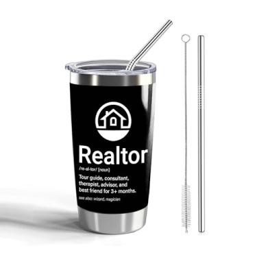 Imagem de CWEGSJ Copo de 590 ml para corretor de imóveis com tampa e canudo Definição de corretor de imóveis Copos isolados Guia turístico de imóveis Caneca de viagem (Tumbler-Realtor Definition)