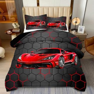 Imagem de ASKOTU Jogo de cama solteiro de carro de corrida, carro esportivo vermelho, tamanho solteiro, para meninos, 3 peças, conjunto de cama solteiro legal para meninos