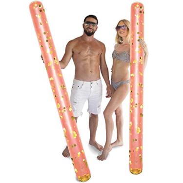 Imagem de POZA Pacote com 2 pacotes de macarrão inflável para piscina jumbo - macarrão flutuante luxuoso premium 187 cm com água gigante preenchido com confetes dourados brilhantes, flutuador de piscina para piscina, praia e lago ouro rosa