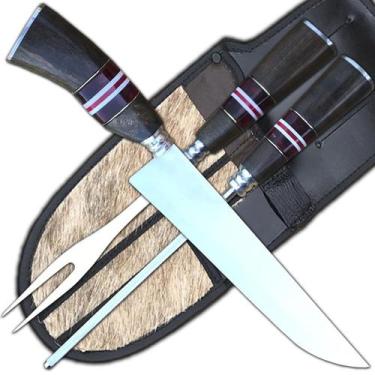 Imagem de Kit Faca Chaira Garfo Cabo Madeira Acrilico Vermelho 9 Pol - Facas Cas