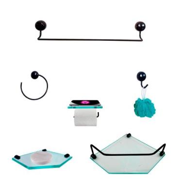 Imagem de Kit Para Banheiro Topázio Premium Preto Vidro Sextavado Incolor - VSA