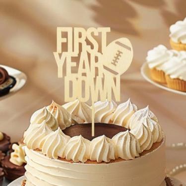 Imagem de First Year Down Wooden Cake Topper,First Year Down Cake Topper - Football One Birthday Decorations,Super Bowl Party Photo Props,Sports 1st Birthday Football Cake Topper