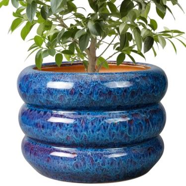 Imagem de SQOWL Vaso de cerâmica para plantas - Vaso de 25 cm para ambientes internos e externos com orifício de drenagem, vaso de flores grande, vaso decorativo para decoração de pátio, sala de estar, azul