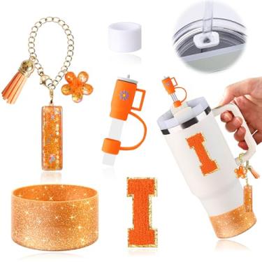 Imagem de Conjunto de acessórios de copo laranja de 6 peças para copo Stanley Cup de 850 g 1,134 g com alça, incluindo tampa de cobertura de palha e bota, tampa à prova de derramamento, pingente de alça,