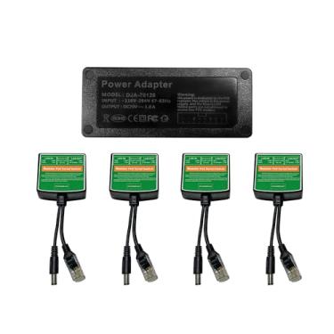 Imagem de Adaptador injetor PoE com 4 divisores PoE 5,5 x 2,1 mm saída 12V2A, conjunto divisor serial PoE em conformidade com o padrão IEEE 802.3af/at, distância total de até 400 pés para dispositivos não PoE.