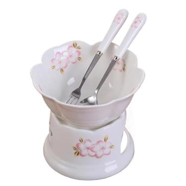 Imagem de ABPWO Conjunto de panela de fondue de cerâmica esmaltada, queijo ou chocolate, tapas, aquecedor de manteiga, inclui garfos e colher, 170 g (tigela branca + fogão branco)