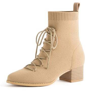 Imagem de AIUZO Botas de cano curto de malha com cadarço bico fino de 3,5 cm salto grosso feminino botas outono inverno sapatos, Caqui, 36