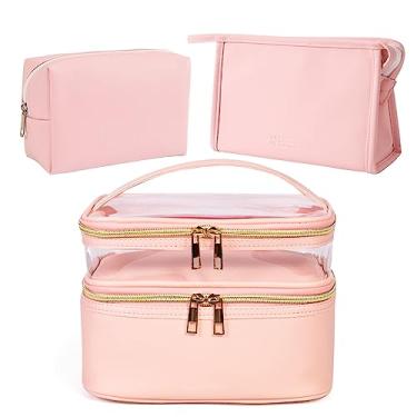 Imagem de FITINI 3 peças de bolsas de maquiagem de camada dupla para viagem grandes estojos de cosméticos organizadores bolsas de higiene pessoal à prova d'água pequena bolsa com zíper para mulheres bolsa de armazenamento de pincéis de maquiagem, Rosa claro, Macio