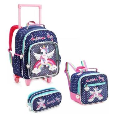 Imagem de Kit mochila carrinho UNICÓRNIO DREAM LIG denlex, azul 
