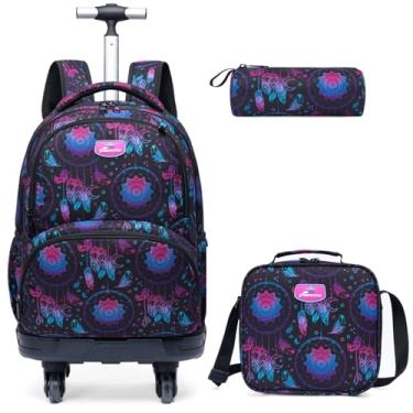 Imagem de Egchescebo Mochila Escolar Infantil com Rodinhas para Menina e Crianças Rodas Bolsa Mala Carrinho 17” 3PCS Rodinha de Rolagem Giratória Lancheira Juvenil Estojo Costas Divertidamente Ornamentos Roxo
